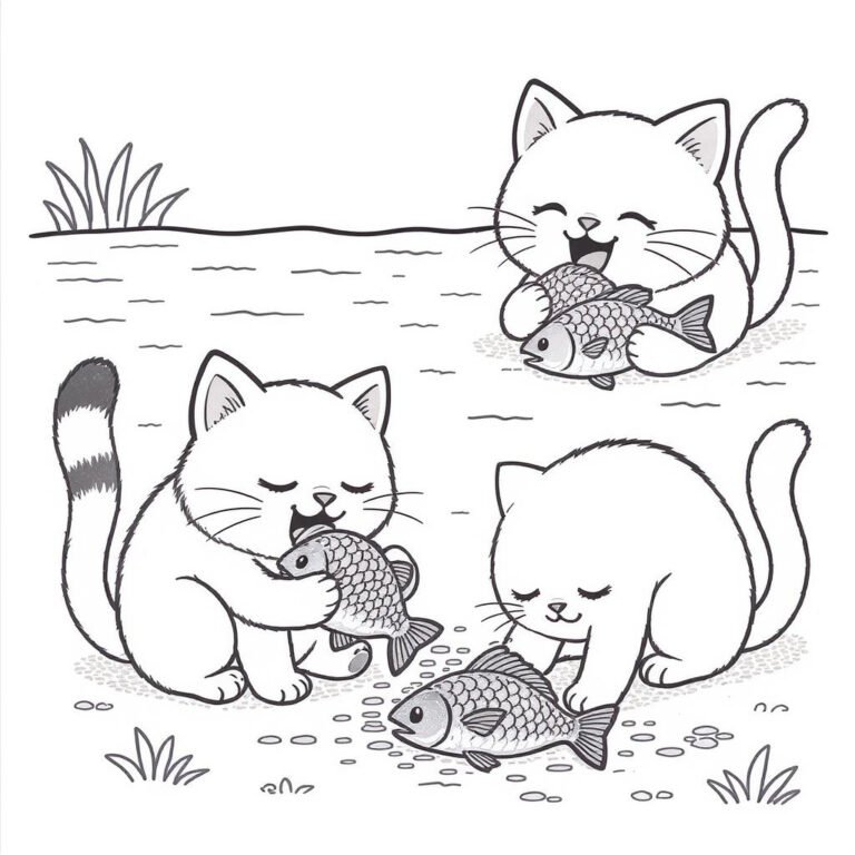 This coloring page features three cats having a hearty fish meal.
