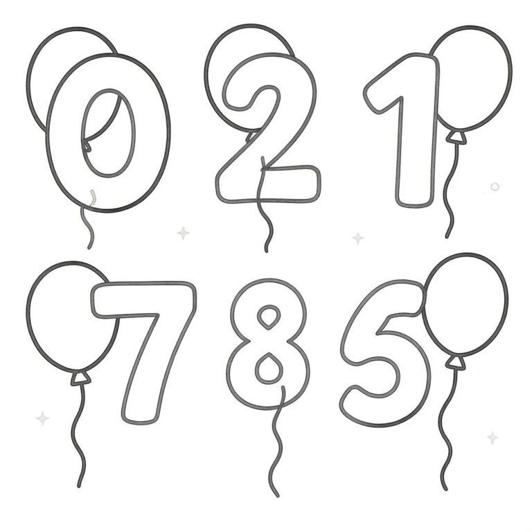 This coloring page features the numbers 0, 2, 1, 7, 8, and 5 boldly written with balloons.