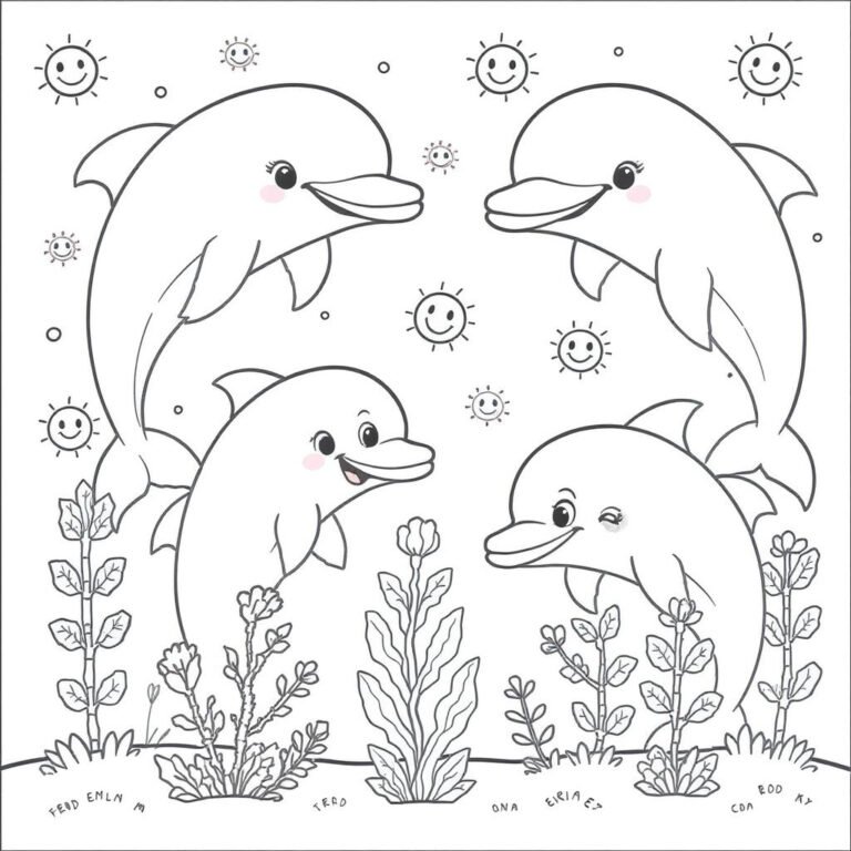 This coloring page features four dolphins swimming surrounded by underwater plants, rocks, and swaying seaweed.