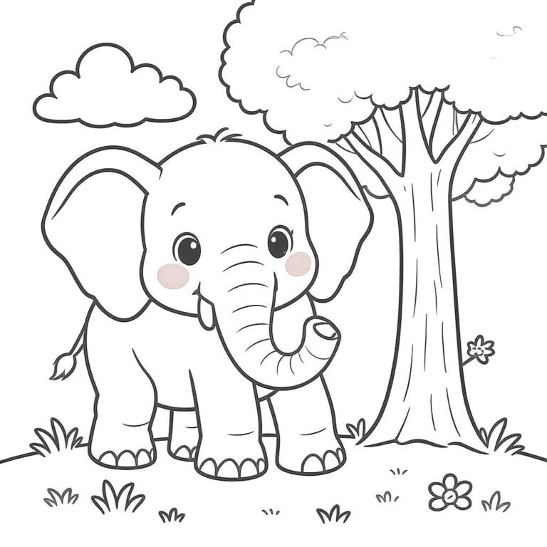 This coloring page features an elephant standing under a big green tree.