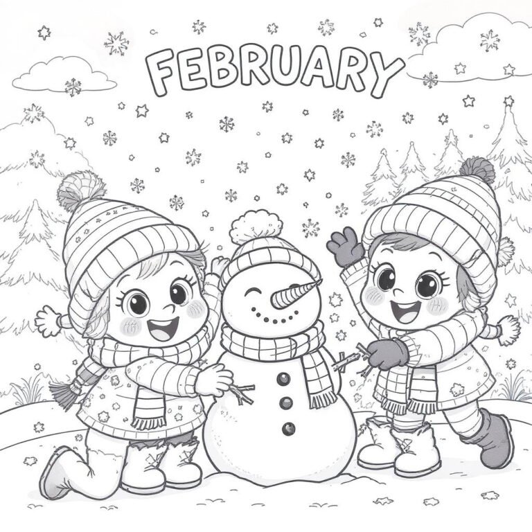 This coloring page feature two cheerful kids giving the snowman a hug beneath the word "FEBRUARY".