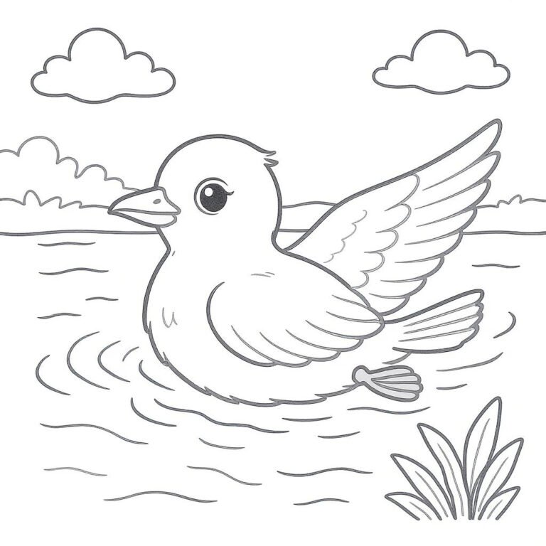 This coloring page features a bird swimming calmly across a river.