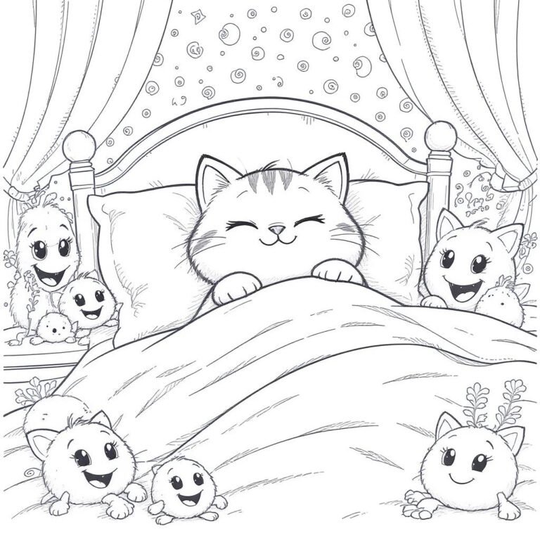 This coloring page features a cat snuggled under a cozy blanket in bed, surrounded by cute teddies with curtains in the background.