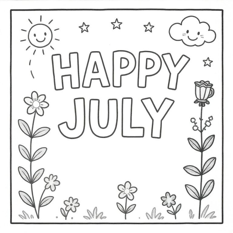This coloring page features “HAPPY JULY” surrounded by a smiling sun, flowers, and stars.
