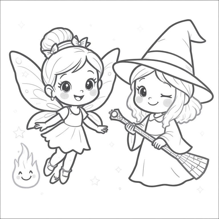 This coloring page features a fairy and a witch holding a broom.