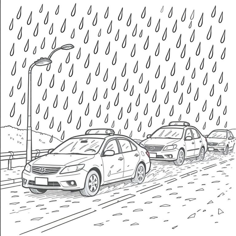 This coloring page features cars driving on a road during a heavy snowfall in January, with snowflakes falling heavily from the sky.