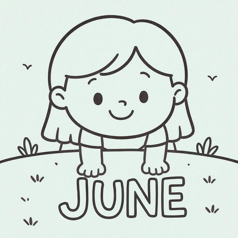 This coloring page features a young girl staring earnestly at the word "June" in a simple, calm setting.
