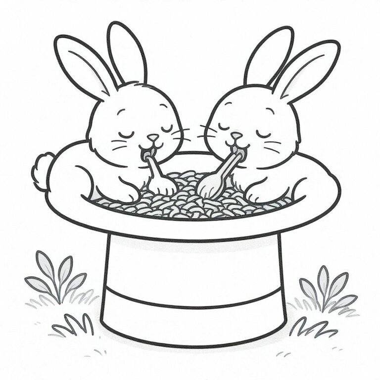 This coloring page features two adorable bunnies in magician hats, Abracadabra! out of the hat comes a delightful meal for two.