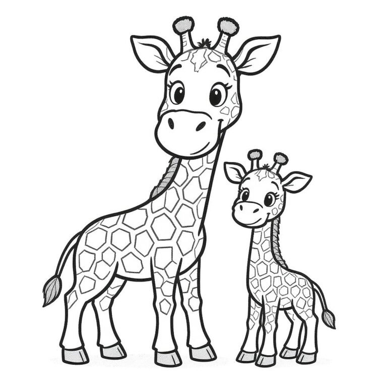 This coloring page features two giraffes standing side by side against a simple background.