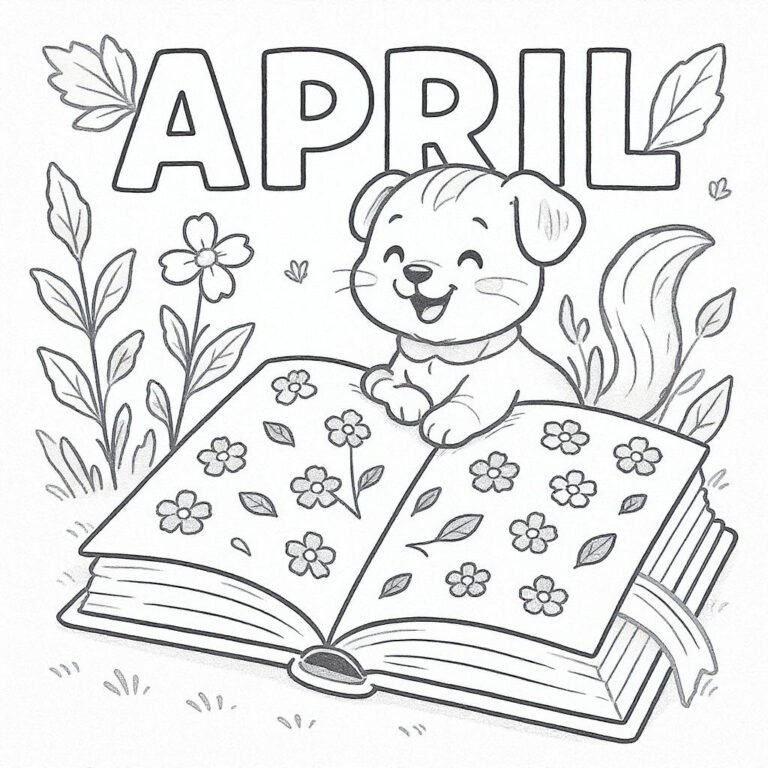 This coloring page features a cute puppy reading an open book with the word "April" above, set against a background of springtime flowers.
