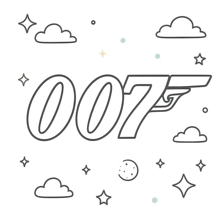 This coloring page features the 007 logo surrounded by clouds and fighter jets, suggesting a high-altitude James Bond espionage mission.