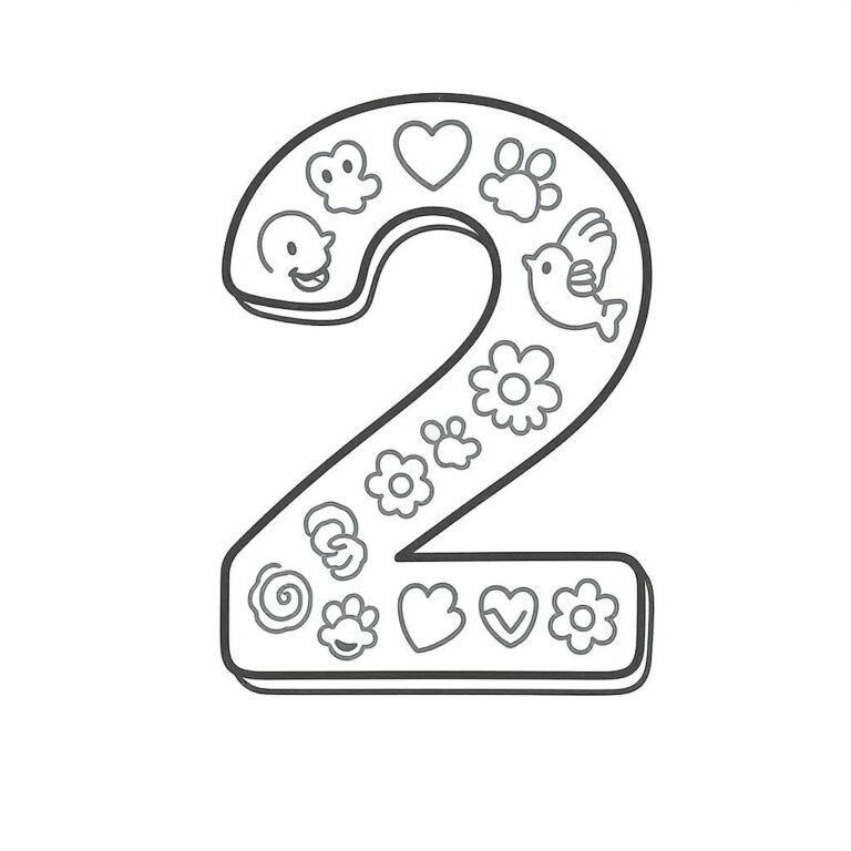 This coloring page features the number "2" filled with cartoon characters.