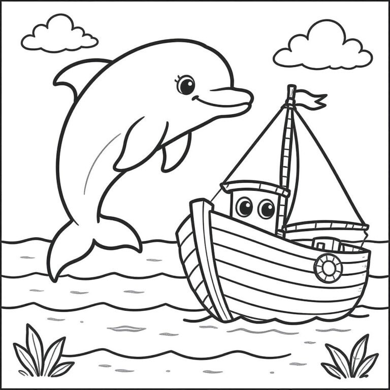 This coloring page features a dolphin near a sailboat with soft waves and a fluffy cloud above.