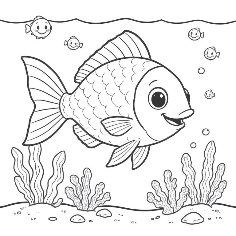 This coloring page features a fish swimming gracefully above underwater weeds.