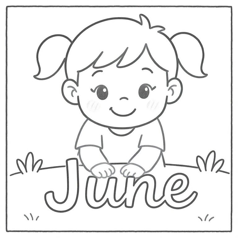 This coloring page features a pretty young girl with the word "June" written below.