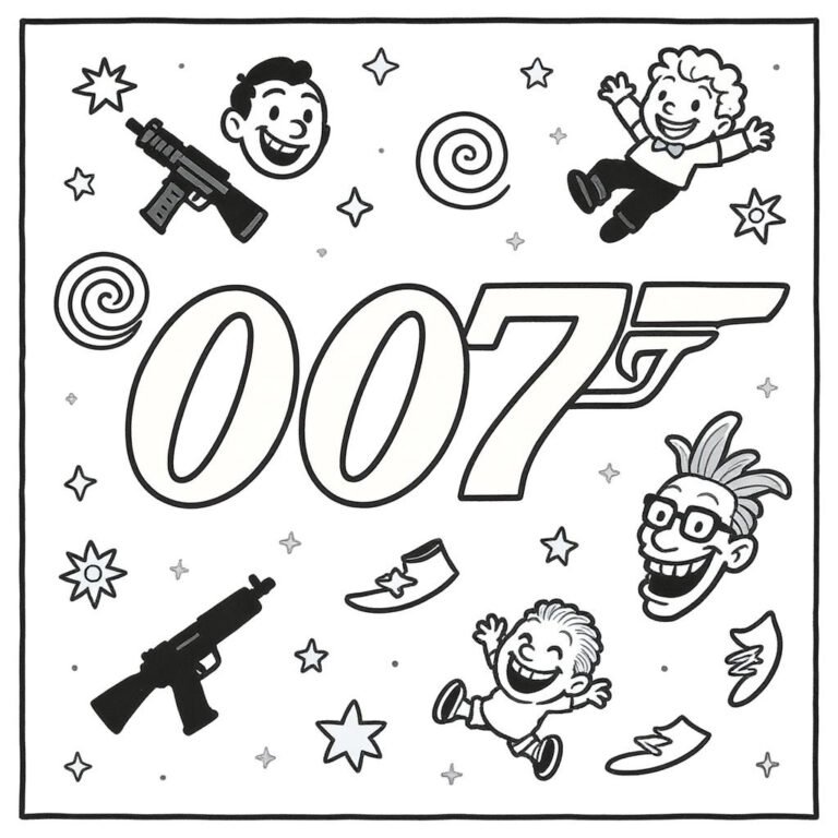 This coloring page features a scattered doodle of spy items like silenced pistols surrounding the 007 logo.