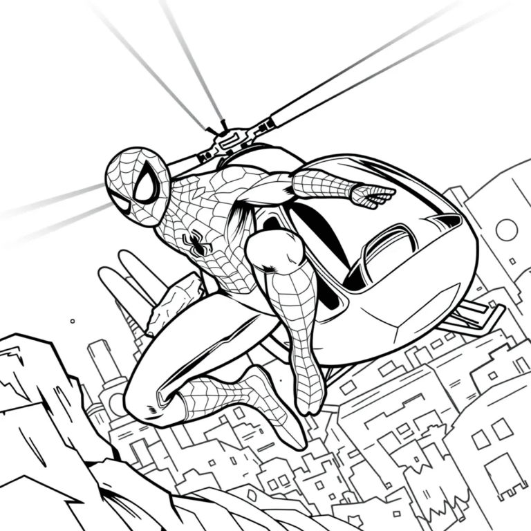 This coloring page features Spider-Man gripping the landing skids of a flying helicopter.