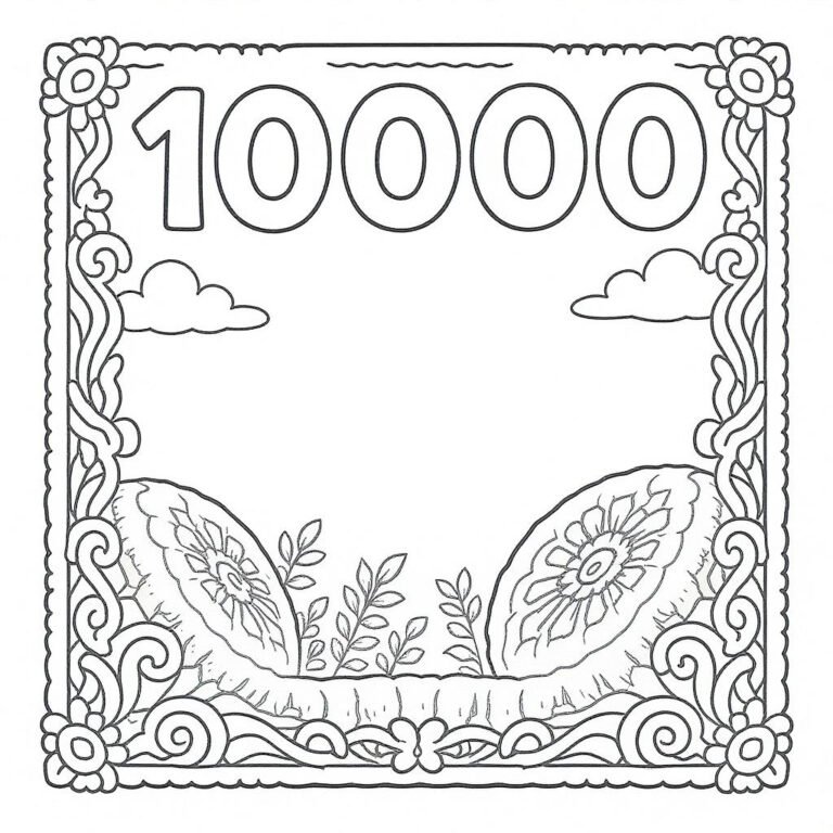 This coloring page features the number 10,000 framed by a floral design.