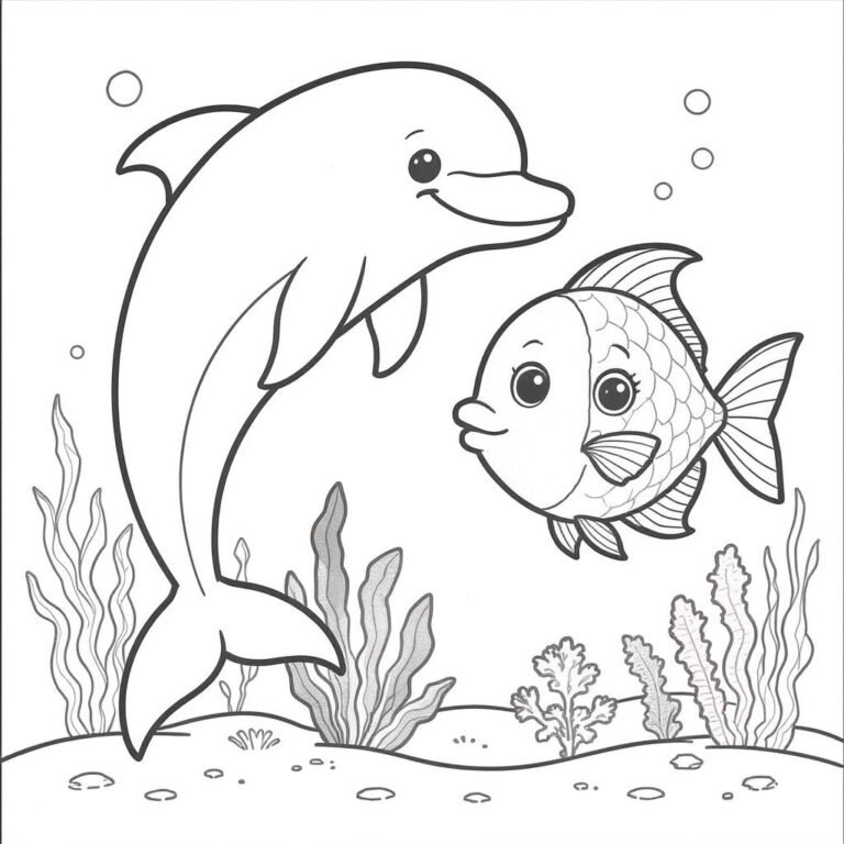 This coloring page features a dolphin floating happily with its fish friend surrounded by underplants and bubbles rising in the water.