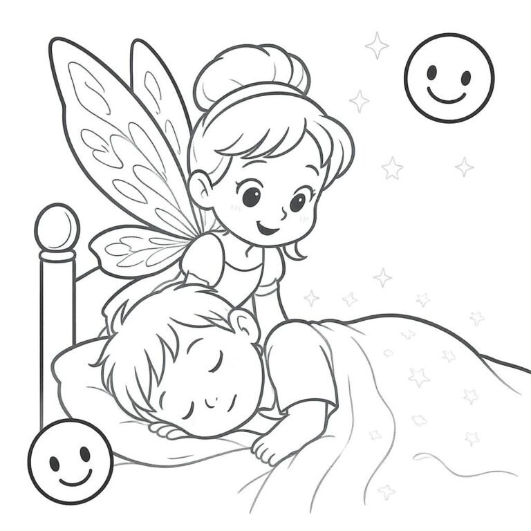 This coloring page features a tooth fairy looking over a sleeping boy.