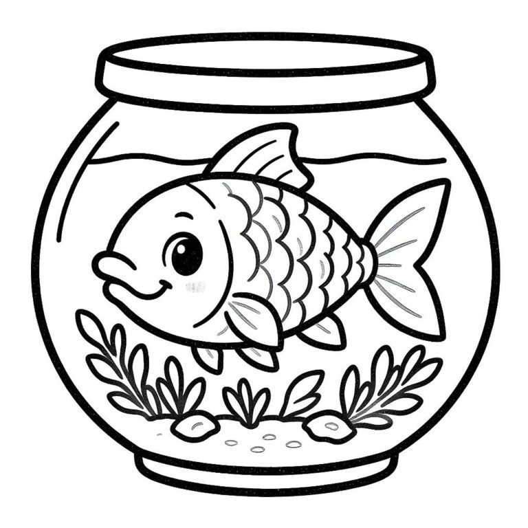 This coloring page features a fish swimming in a pot filled with water
