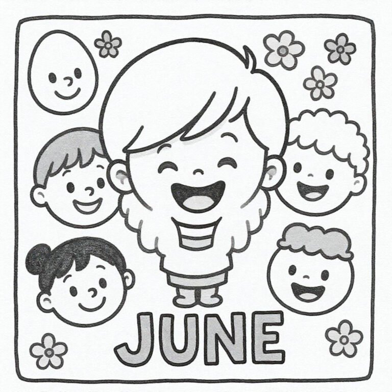 This coloring page features a young boy surrounded by various faces, with the word "June" written beneath.
