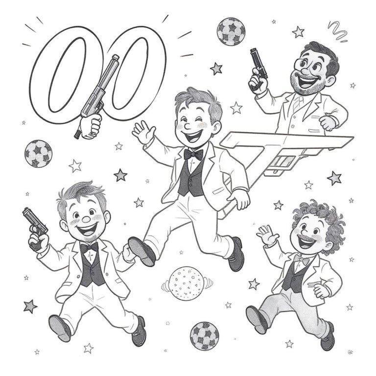 This coloring page features a team of cartoon-style secret agents, each showcasing unique disguises and poses, with the 007 logo at the center.