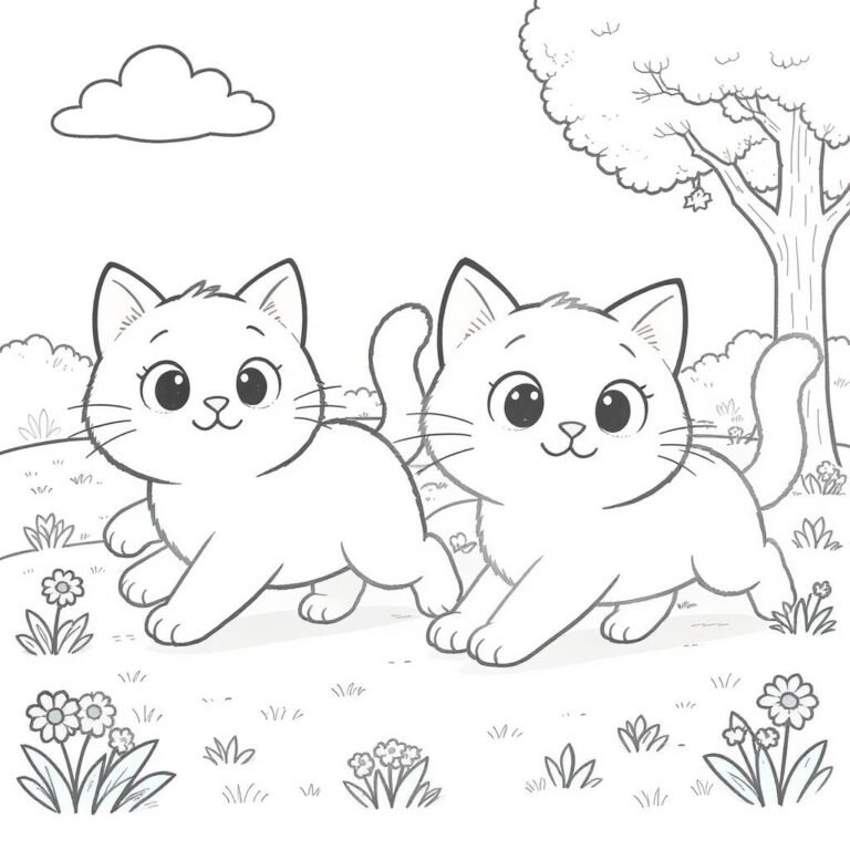 This coloring page features two playful cats playing outdoors.