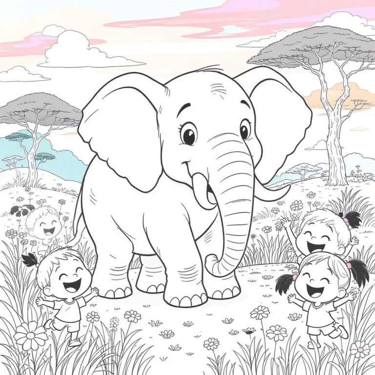 This coloring page features a happy elephant standing in a forest with tall trees and plants around it, laughing and having fun with kids.
