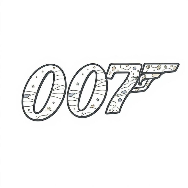 This coloring page features a clean and bold 007 logo with the classic gun icon.