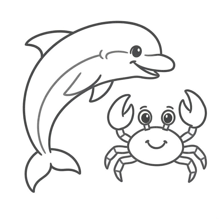 This coloring page features a dolphin and a crab in a simple scene.