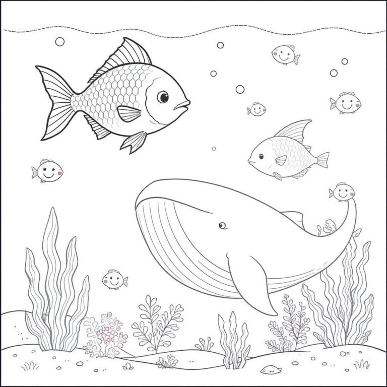 This coloring page features a dolphin and fish swimming in the sea, with seaweed beneath and water bubbles rising around them.