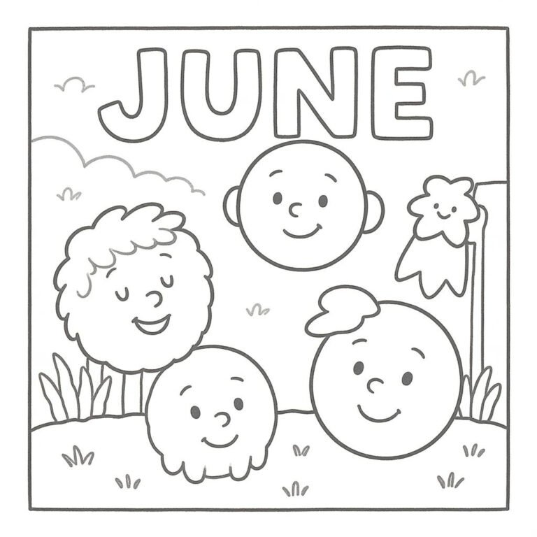 This coloring page features four round faces with the word "June" boldly written above them.