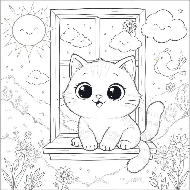 This coloring page features a cat sitting by a window and gazing outside.