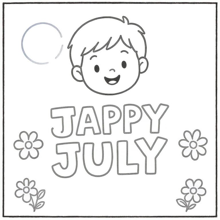 This coloring page features the words “Jappy July” alongside a smiling cute face and blooming flowers.