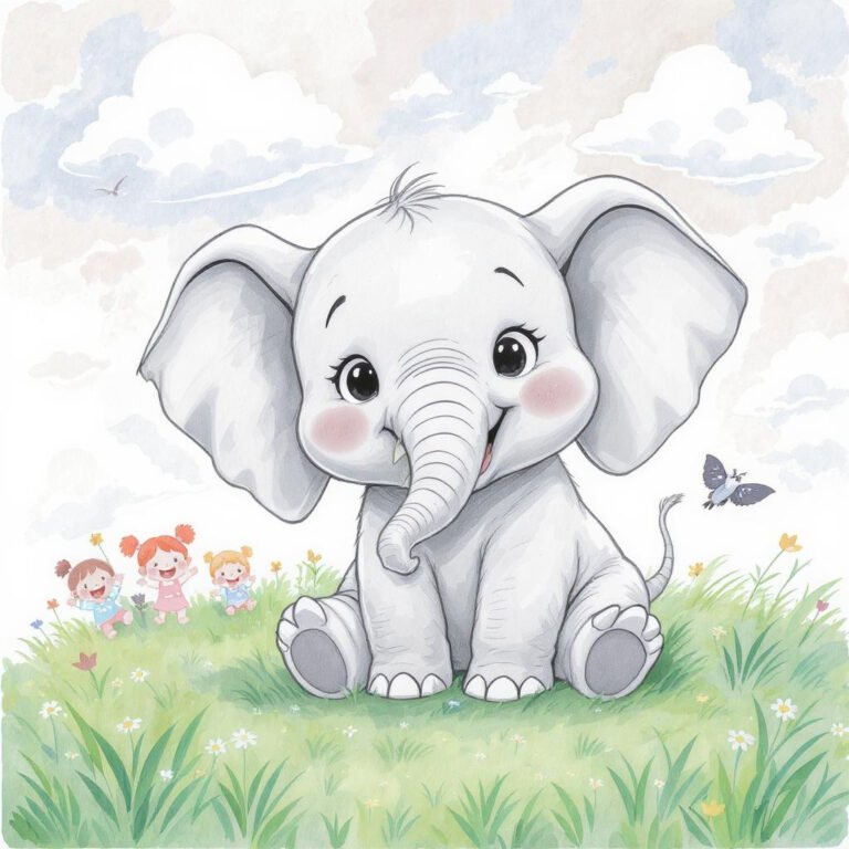 This coloring page features a cute sitting elephant in a grassy field surrounded by kids.