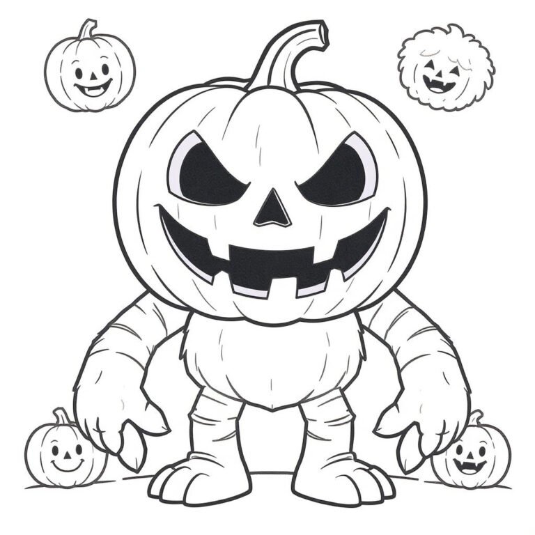 This coloring page features a Pumpkinhead with a sinister expression on its face.