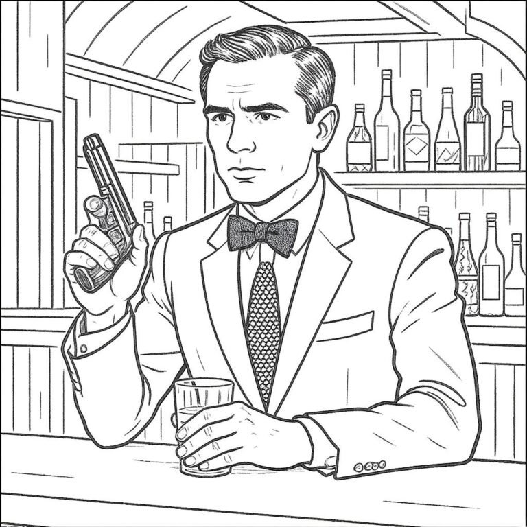 This coloring page features a sharply dressed male secret agent holding a pistol in a confident stance with the 007 vibe.