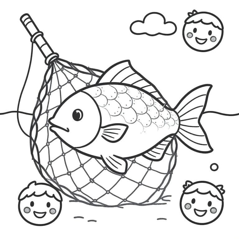 This coloring page features a fish caught in a net, set against a simple background.