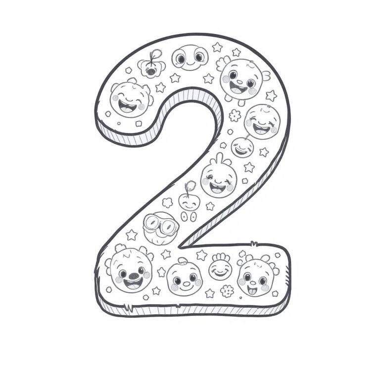 This coloring page features the number "2" filled with cute cartoon faces.