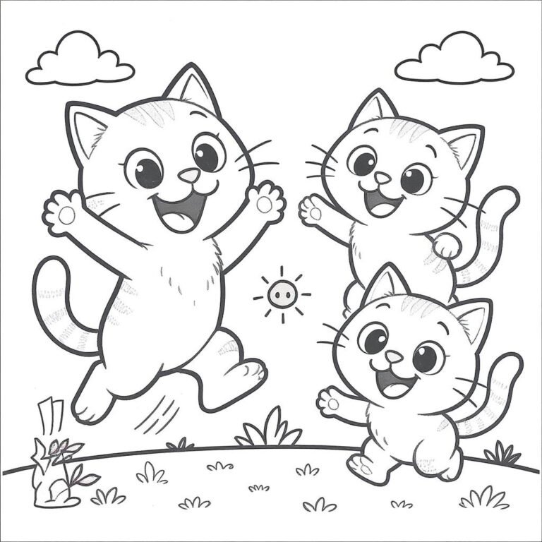 This coloring page features three cheerful cats dancing around with arms raised in a joyful pose.