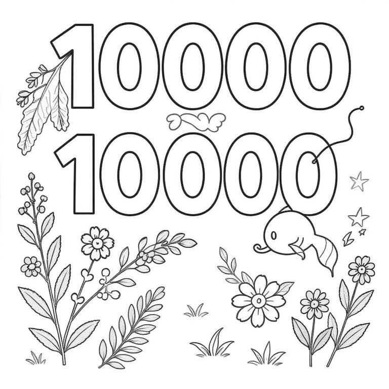 This coloring page features the number 10,000 in a floral garden.