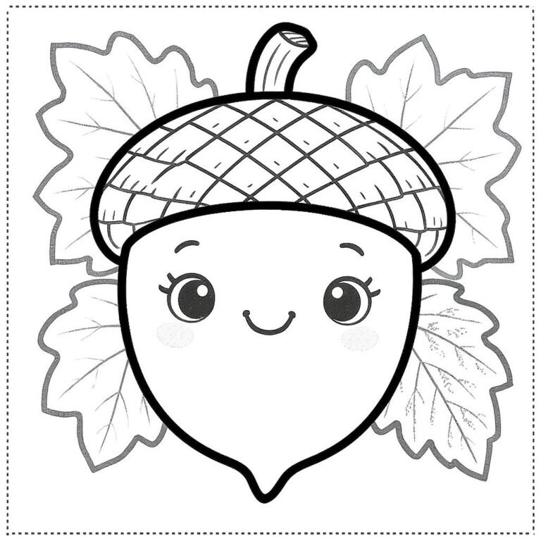 This coloring page features an acorn with leaves, set against a clean, simple background.
