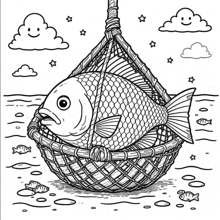 This coloring page features a fish caught in a fishing basket.