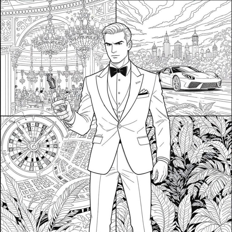 This coloring page features a classic agent in a tuxedo with a vintage European background, reflecting early 007-style film themes.