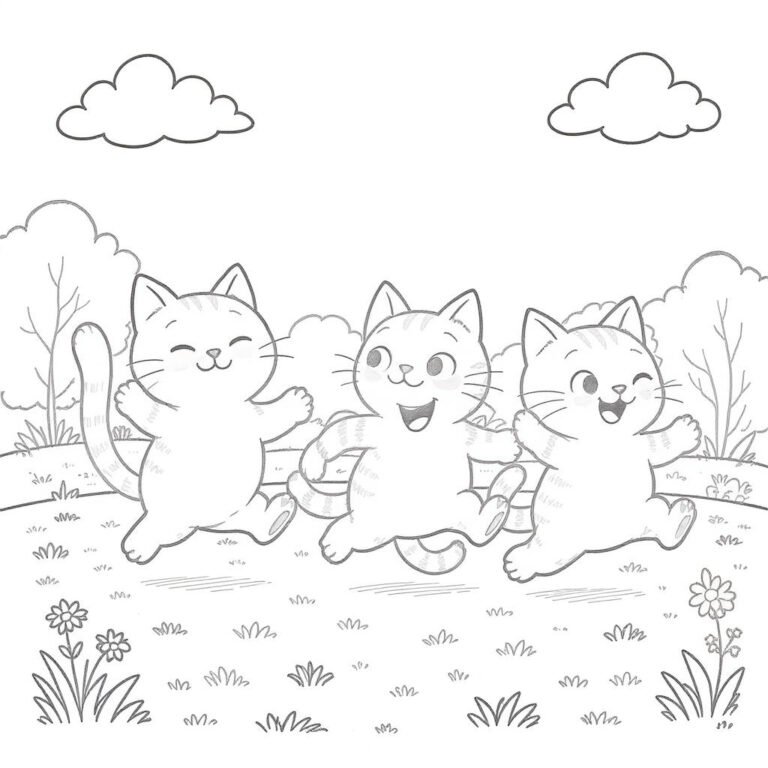This coloring page features three cats playfully running across a field of grasses beneath fluffy clouds.