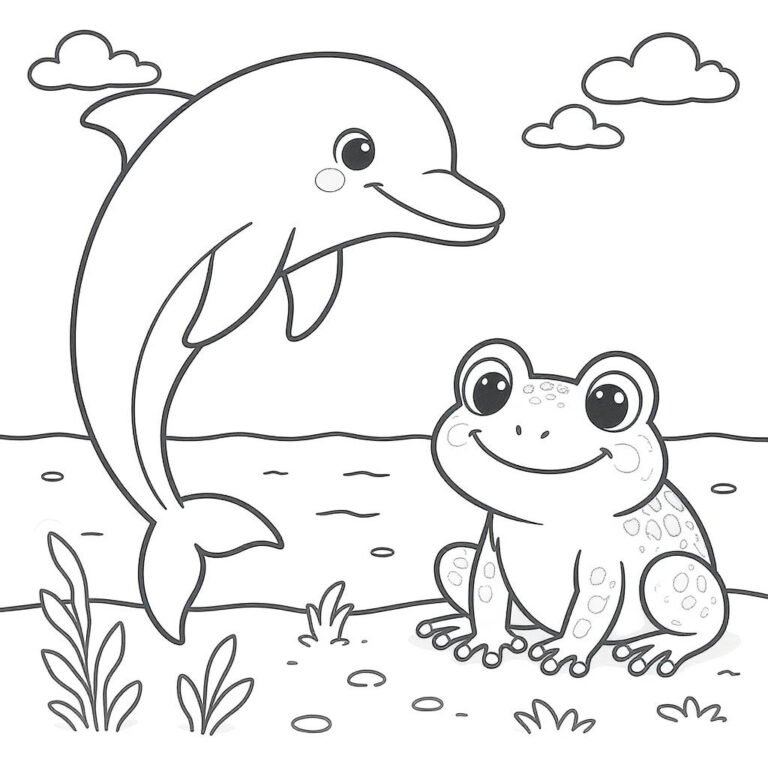 This coloring page features a dolphin and a frog at shore.