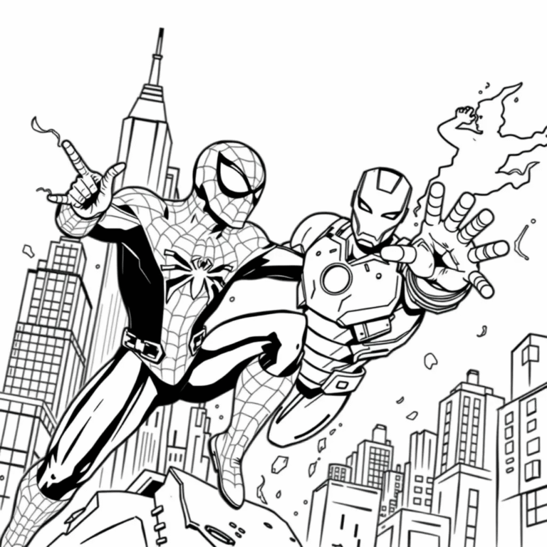 This coloring page features Spider-Man and Iron Man in a dramatic action pose, ready to defend the city from unseen threats.