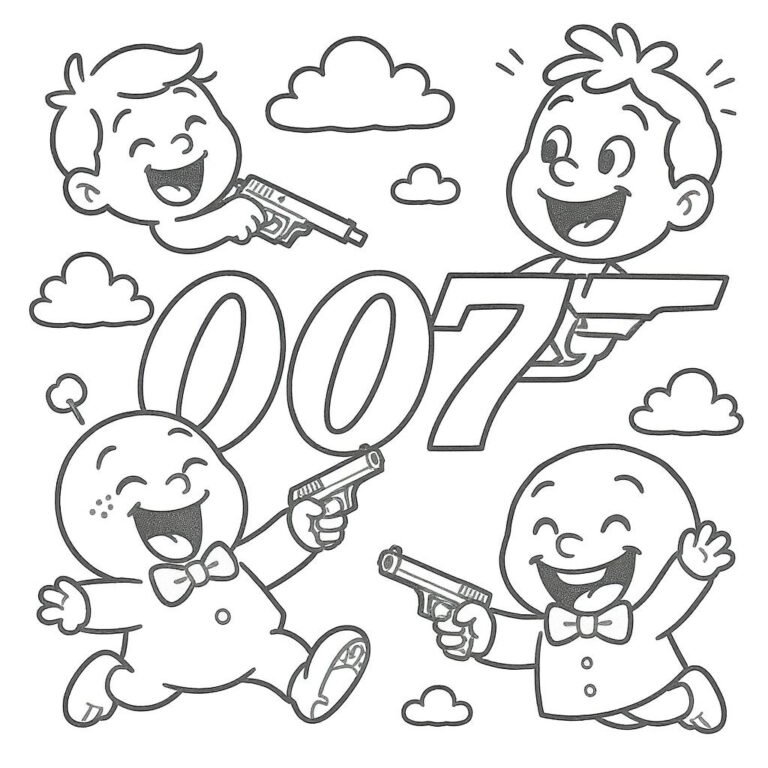 This coloring page features a mix of children’s spy faces, gadgets, clouds, and stars around the 007 logo.