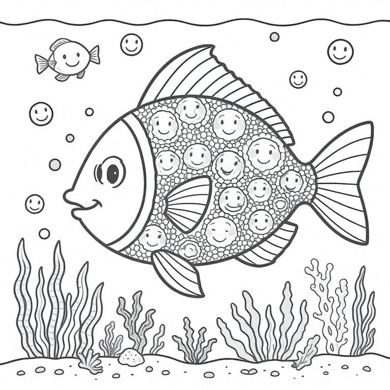 This coloring page features a beautifully designed fish swimming in the sea, surrounded by seaweed below and moving water waves above.